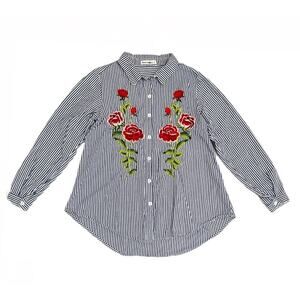 American Clothing Women Long Sleeves Striped Rose Embroidery Shirt 100% Cotton S